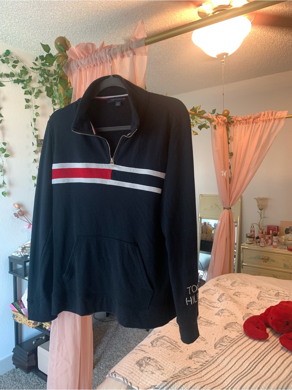 Tommy Hilfiger Navy Quarter-Zip Sweater with Red and White Chest Stripes